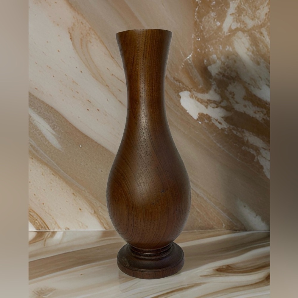 Vintage MCM Hand Turned 13” Tall Solid Wood Flower Vase
